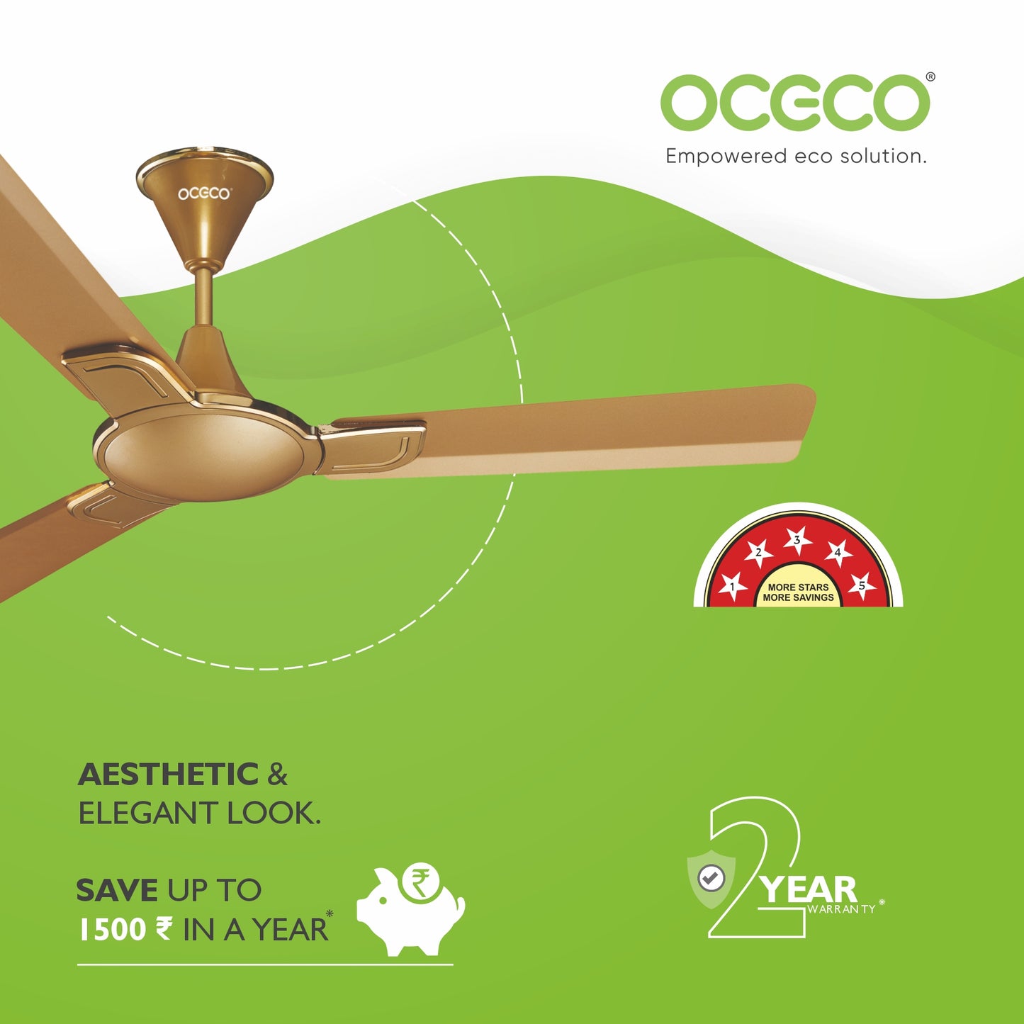 Smart A1 Ceiling Fan, the ultimate blend of aesthetic design, With a brisk 350 RPM motor and an impressive 230 CMM Air Delivery, future of cooling—reliable, energy-efficient, beautiful, and protected by a robust 2-Year Warranty.