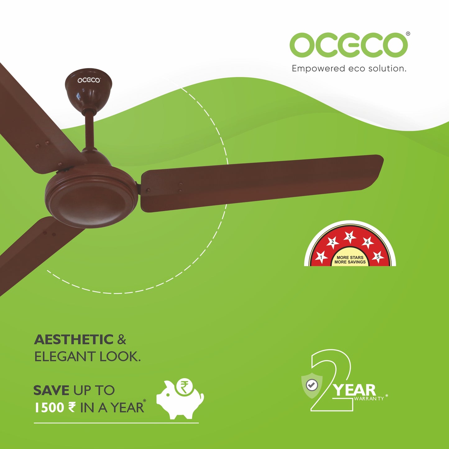 OCECO Smart R1 BLDC Ceiling Fan – 28W Super Energy Efficient, 350 RPM High-Speed, 230 CMM Air Delivery, Regulator Operated Eco-Friendly Fan