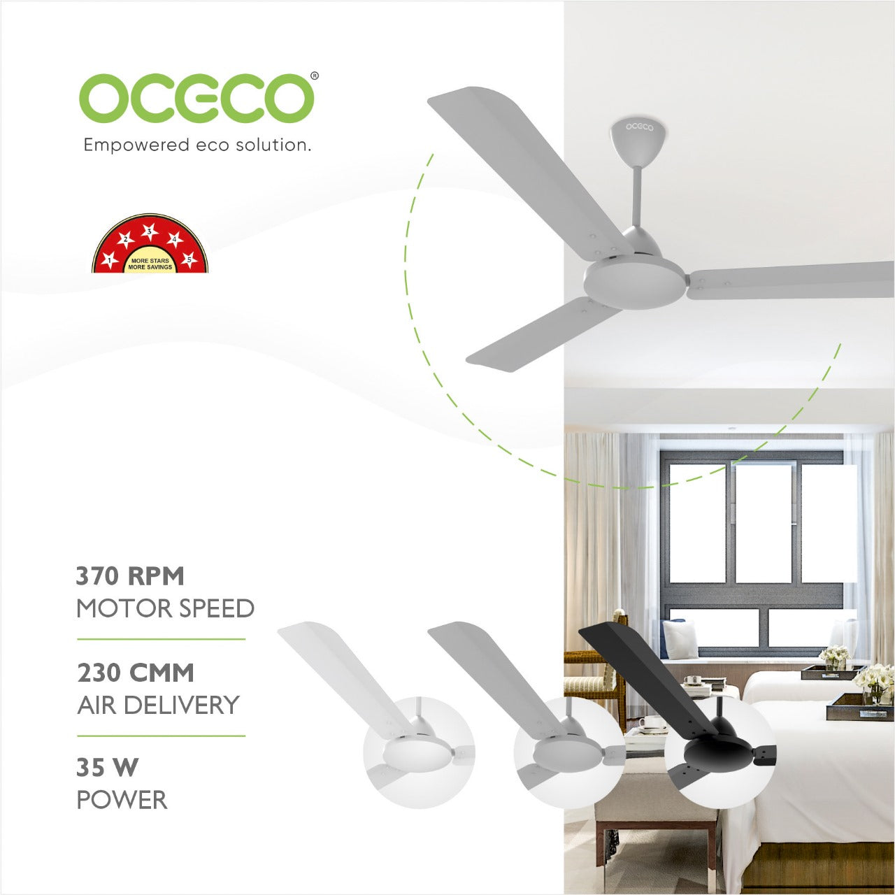CLUTO Ceiling Fan, the ultimate blend of aesthetic design, With a brisk 370 RPM motor and an impressive 230 CMM Air Delivery, future of cooling—reliable, energy-efficient, beautiful, and protected by a robust 2-Year Warranty.