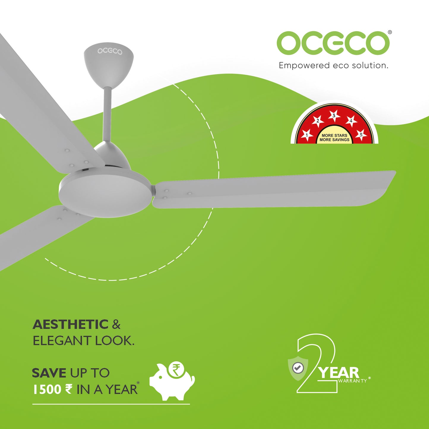 CLUTO Ceiling Fan, the ultimate blend of aesthetic design, With a brisk 370 RPM motor and an impressive 230 CMM Air Delivery, future of cooling—reliable, energy-efficient, beautiful, and protected by a robust 2-Year Warranty.