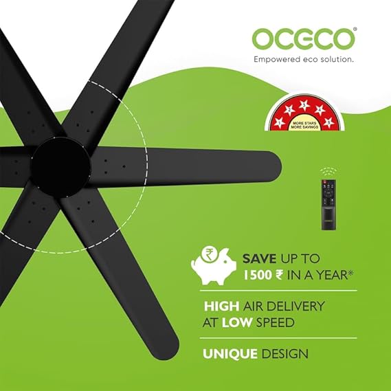 Hexo Ceiling Fan with Remote Operation 1200mm BLDC Motor 6 Blade Ceiling Fan for Living Room Saves Upto 65% Energy with 2 Year Warranty