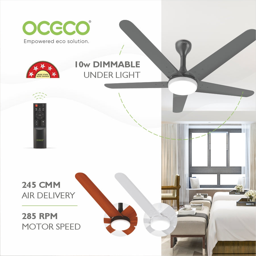 Xpressio Smart Control 5 Blade Ceiling Fan with 1225mm BLDC Motor 5-Star Rated Remote Operation and LED Indicators for Cooling Bliss Saves Upto 65% Energy Backed by Reliable 3-Year Warranty