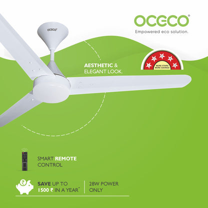 Fansio BLDC Remote Control Ceiling Fan with 3 Blades Modern Ceiling Fan in White & Black Color 5 Star Rated Energy Saving Fan