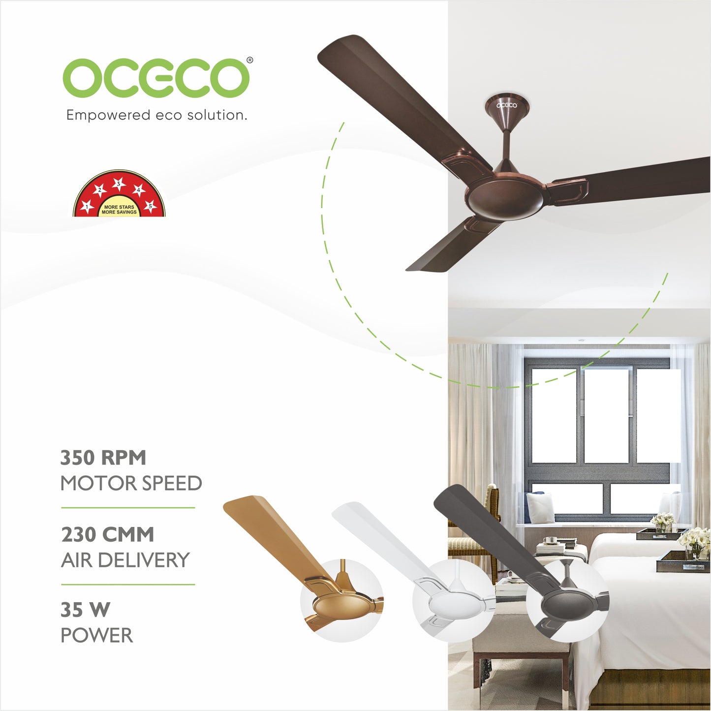 Smart A1 Ceiling Fan, the ultimate blend of aesthetic design, With a brisk 350 RPM motor and an impressive 230 CMM Air Delivery, future of cooling—reliable, energy-efficient, beautiful, and protected by a robust 2-Year Warranty.