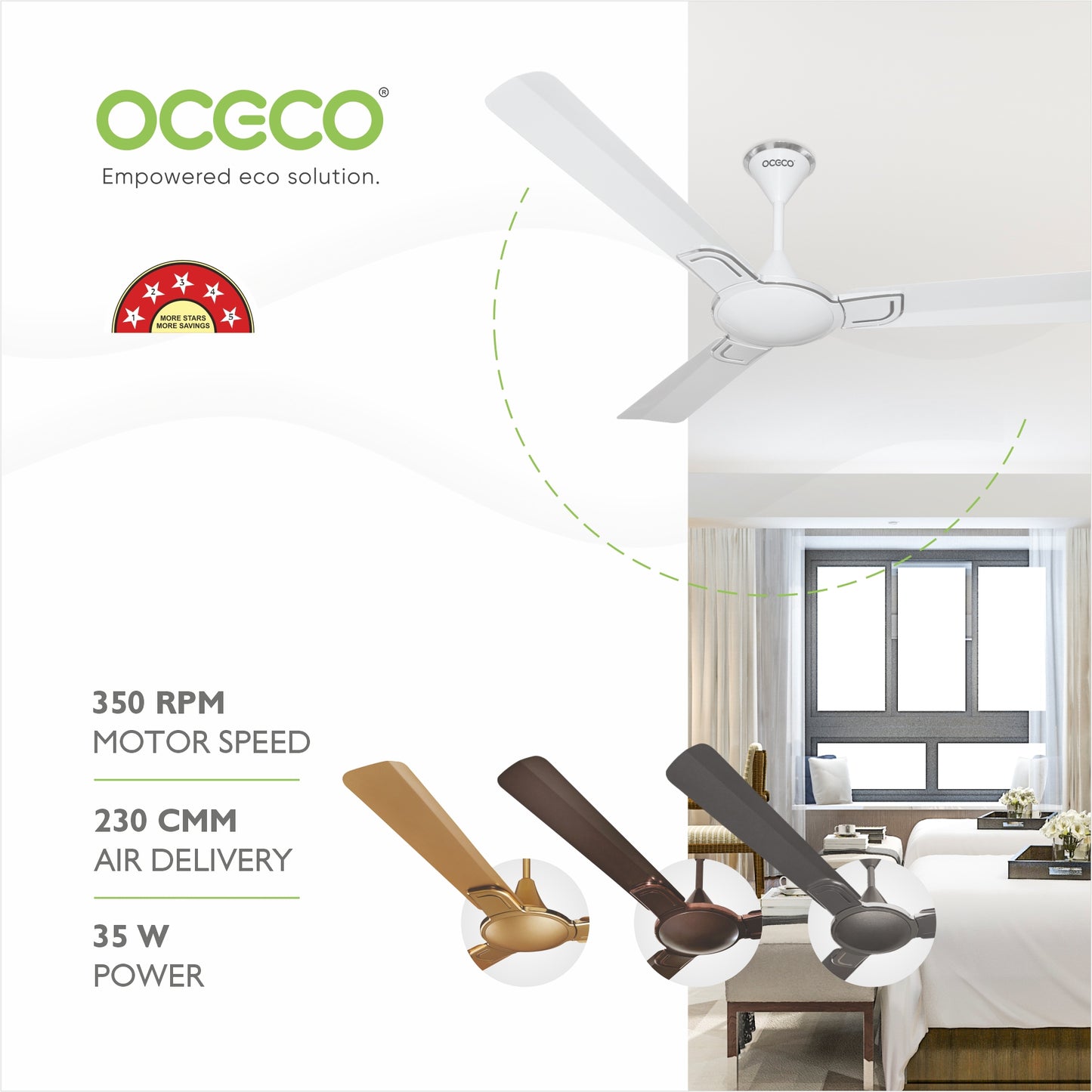 Smart A1 Ceiling Fan, the ultimate blend of aesthetic design, With a brisk 350 RPM motor and an impressive 230 CMM Air Delivery, future of cooling—reliable, energy-efficient, beautiful, and protected by a robust 2-Year Warranty.