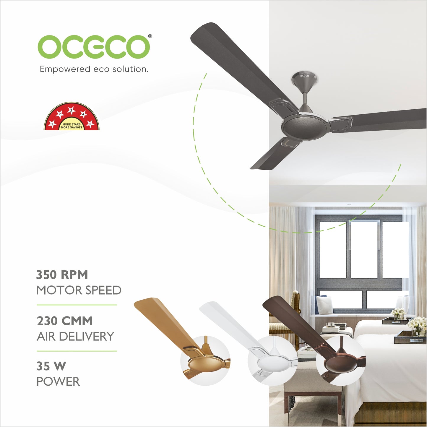 Smart A1 Ceiling Fan, the ultimate blend of aesthetic design, With a brisk 350 RPM motor and an impressive 230 CMM Air Delivery, future of cooling—reliable, energy-efficient, beautiful, and protected by a robust 2-Year Warranty.