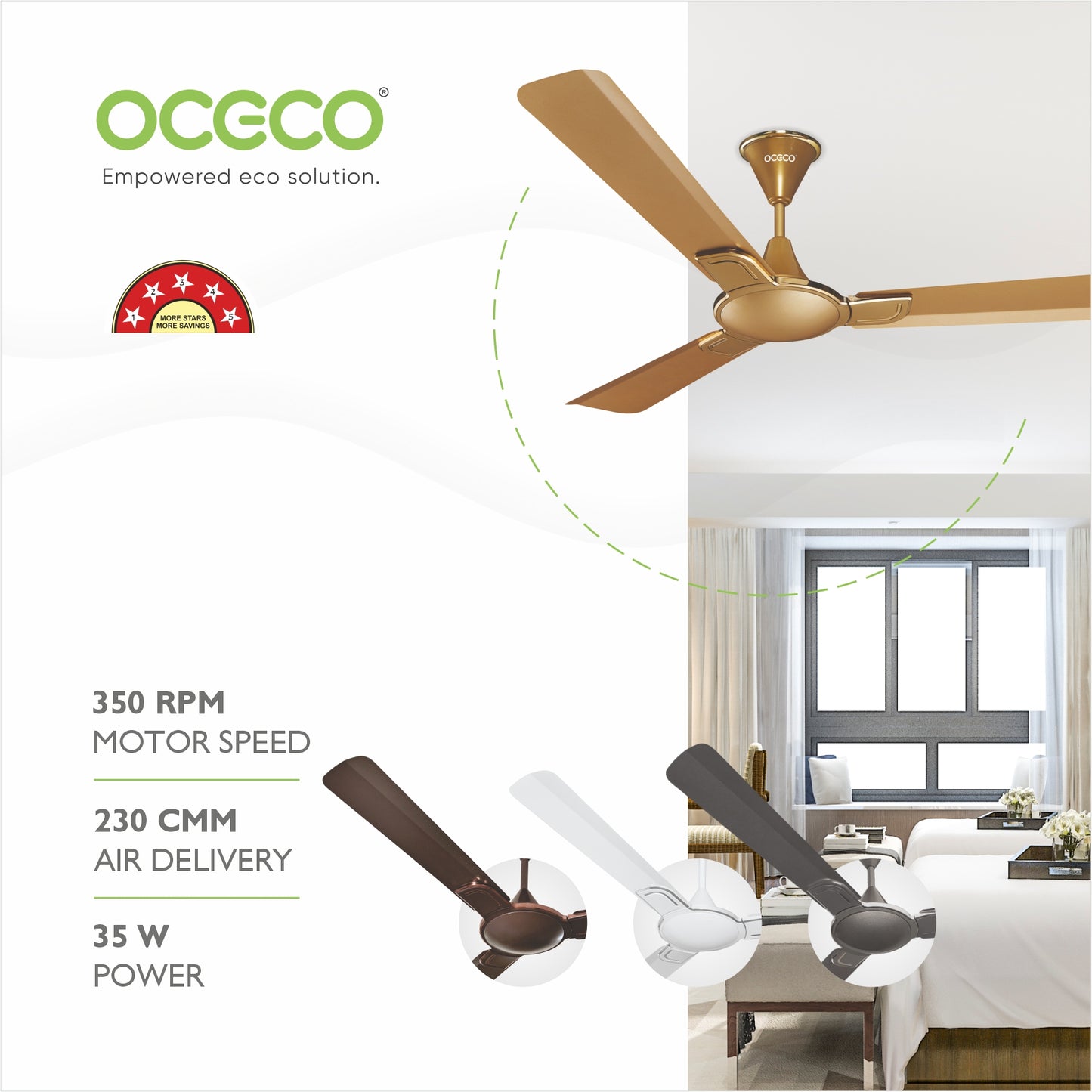 Smart A1 Ceiling Fan, the ultimate blend of aesthetic design, With a brisk 350 RPM motor and an impressive 230 CMM Air Delivery, future of cooling—reliable, energy-efficient, beautiful, and protected by a robust 2-Year Warranty.