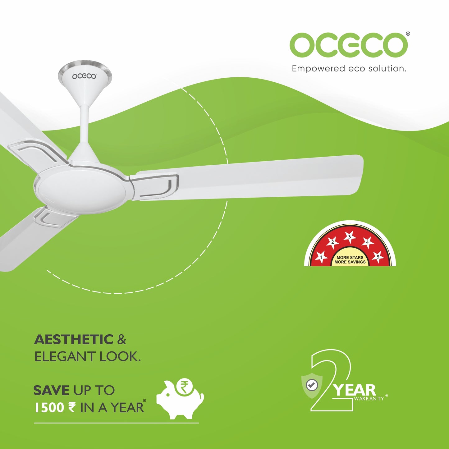 Smart A1 Ceiling Fan, the ultimate blend of aesthetic design, With a brisk 350 RPM motor and an impressive 230 CMM Air Delivery, future of cooling—reliable, energy-efficient, beautiful, and protected by a robust 2-Year Warranty.