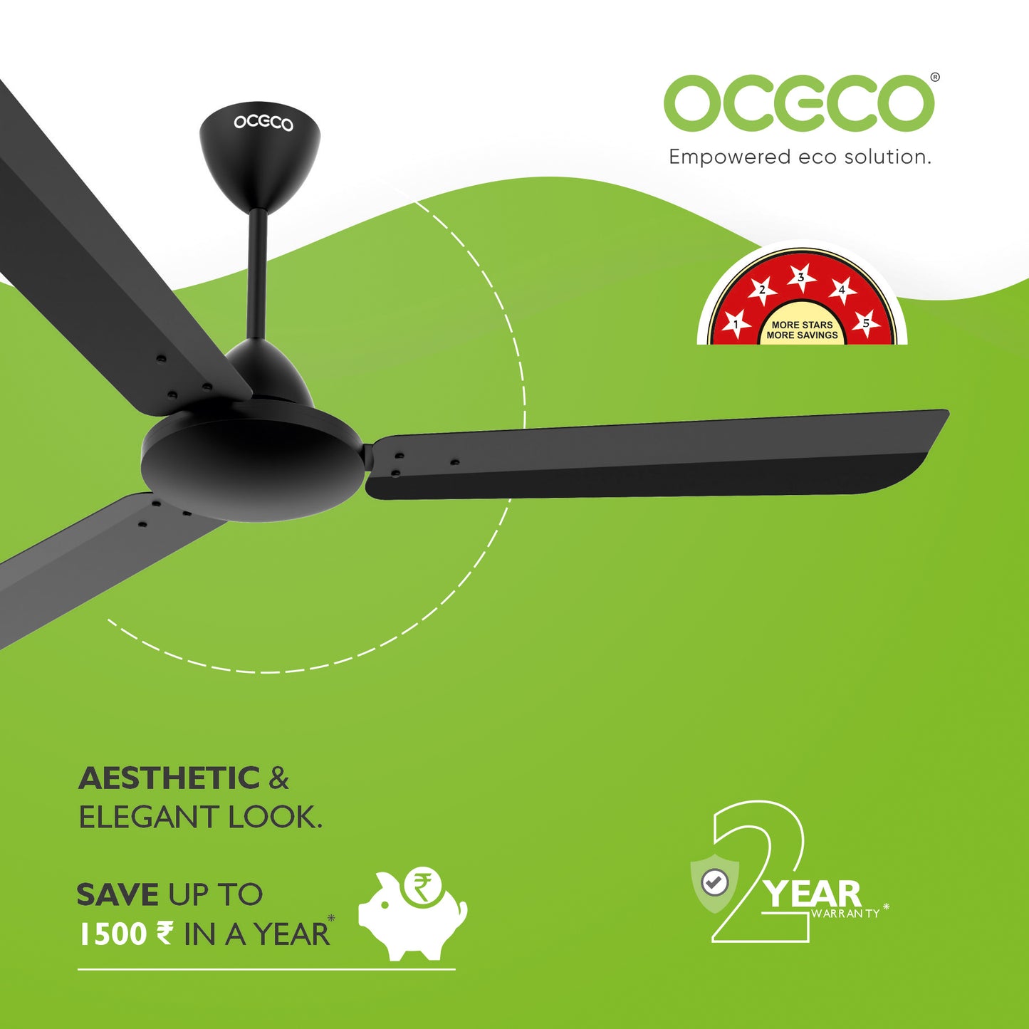 CLUTO Ceiling Fan, the ultimate blend of aesthetic design, With a brisk 370 RPM motor and an impressive 230 CMM Air Delivery, future of cooling—reliable, energy-efficient, beautiful, and protected by a robust 2-Year Warranty.