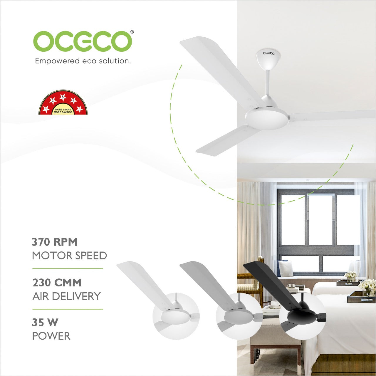 CLUTO Ceiling Fan, the ultimate blend of aesthetic design, With a brisk 370 RPM motor and an impressive 230 CMM Air Delivery, future of cooling—reliable, energy-efficient, beautiful, and protected by a robust 2-Year Warranty.