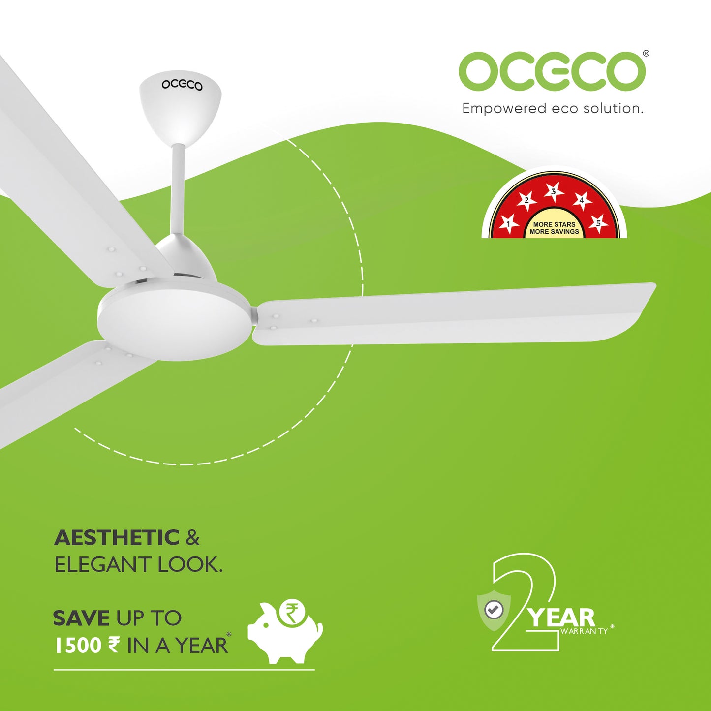 CLUTO Ceiling Fan, the ultimate blend of aesthetic design, With a brisk 370 RPM motor and an impressive 230 CMM Air Delivery, future of cooling—reliable, energy-efficient, beautiful, and protected by a robust 2-Year Warranty.